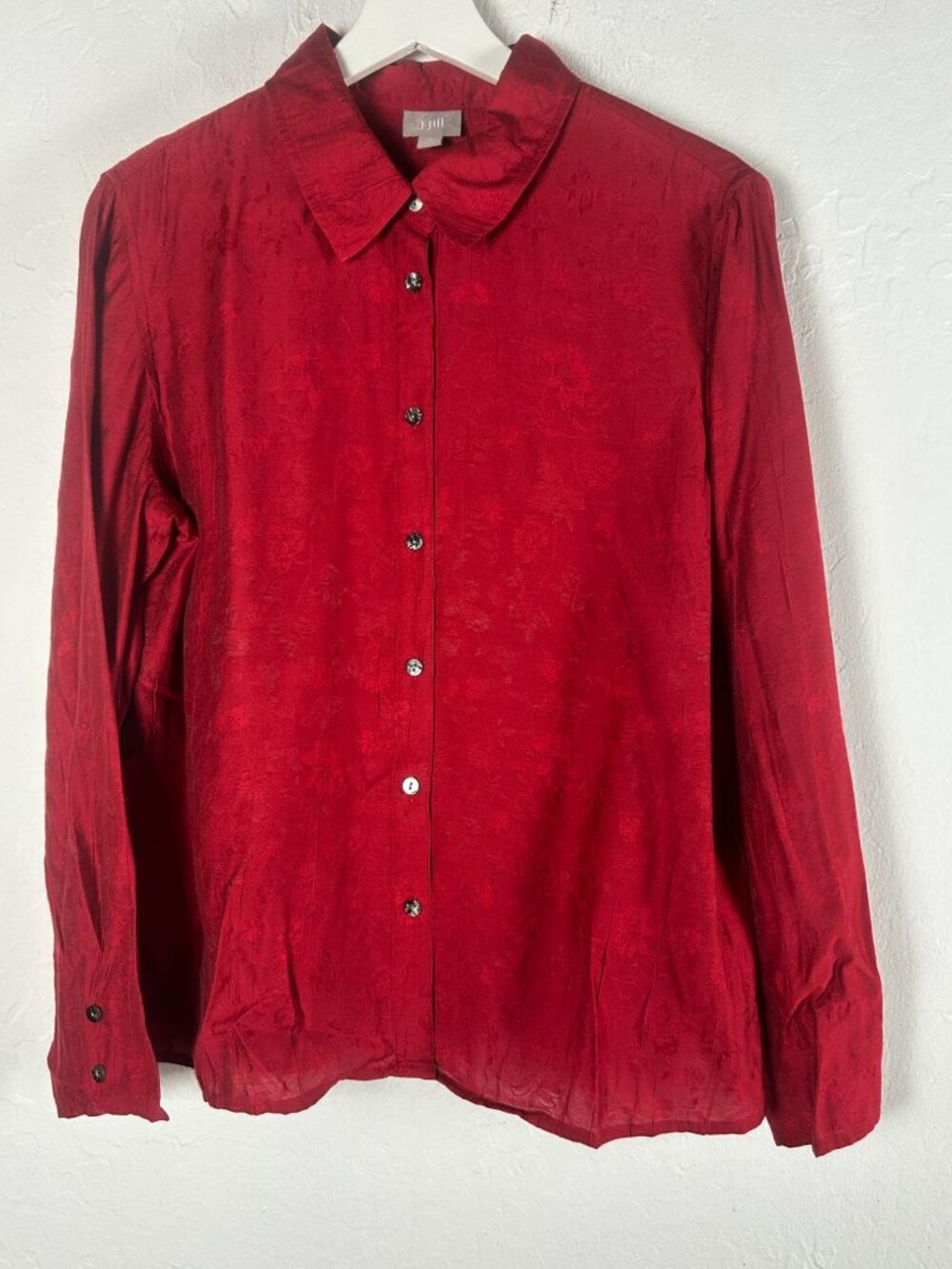 J. Jill Womens Red Jacquard Button-Up Long Sleeve Shirt Blouse Top Medium Casual